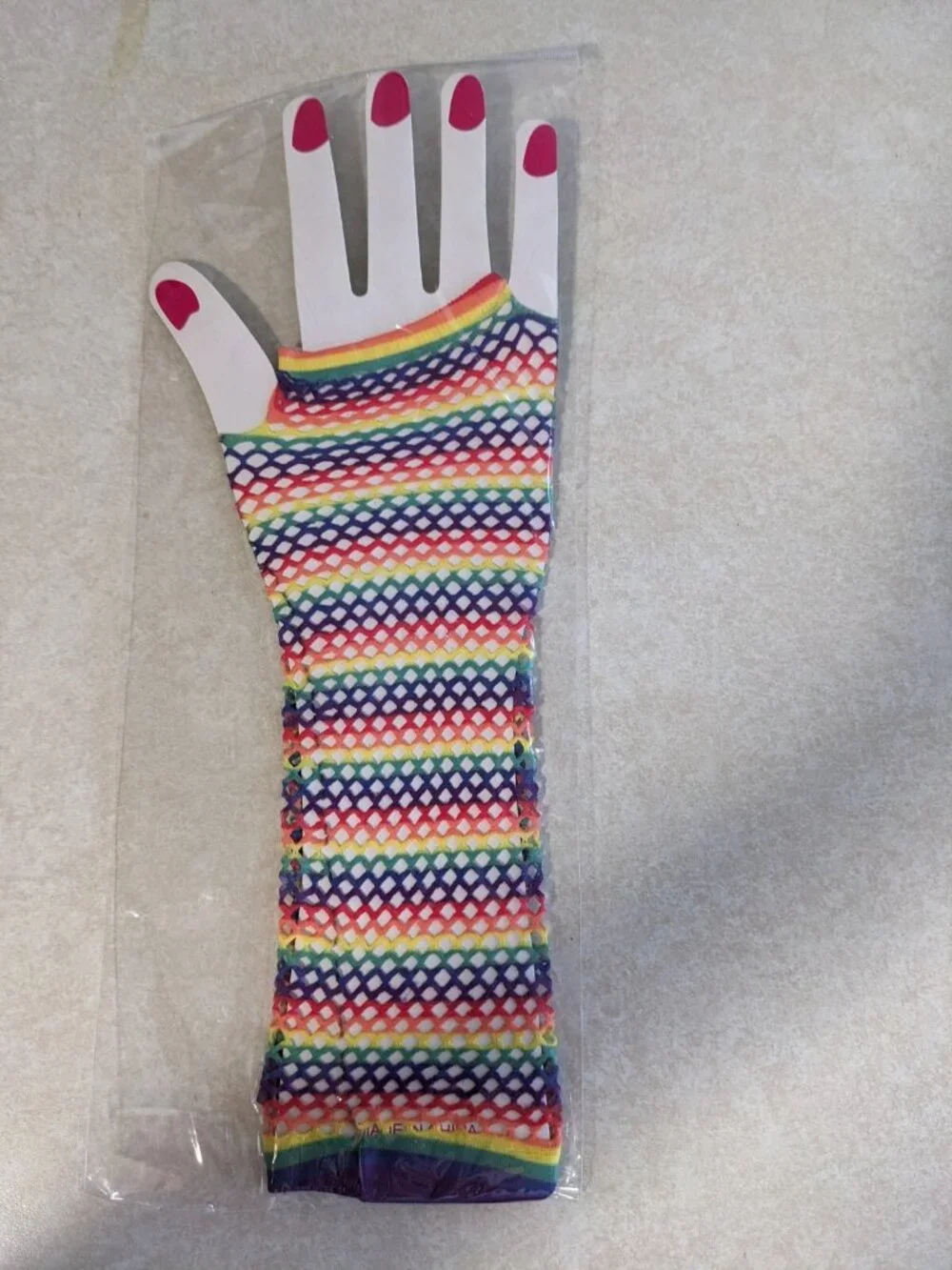 Rainbow Fishnet Fingerless Gloves Elbow Length Neon Party Costume Accessory